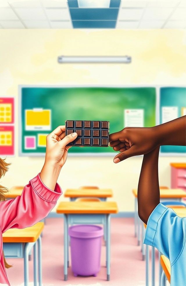 A watercolor scene depicting hands and arms of a young girl offering a chocolate bar, with another dark skin hand and arms of a young boy rejecting the chocolate