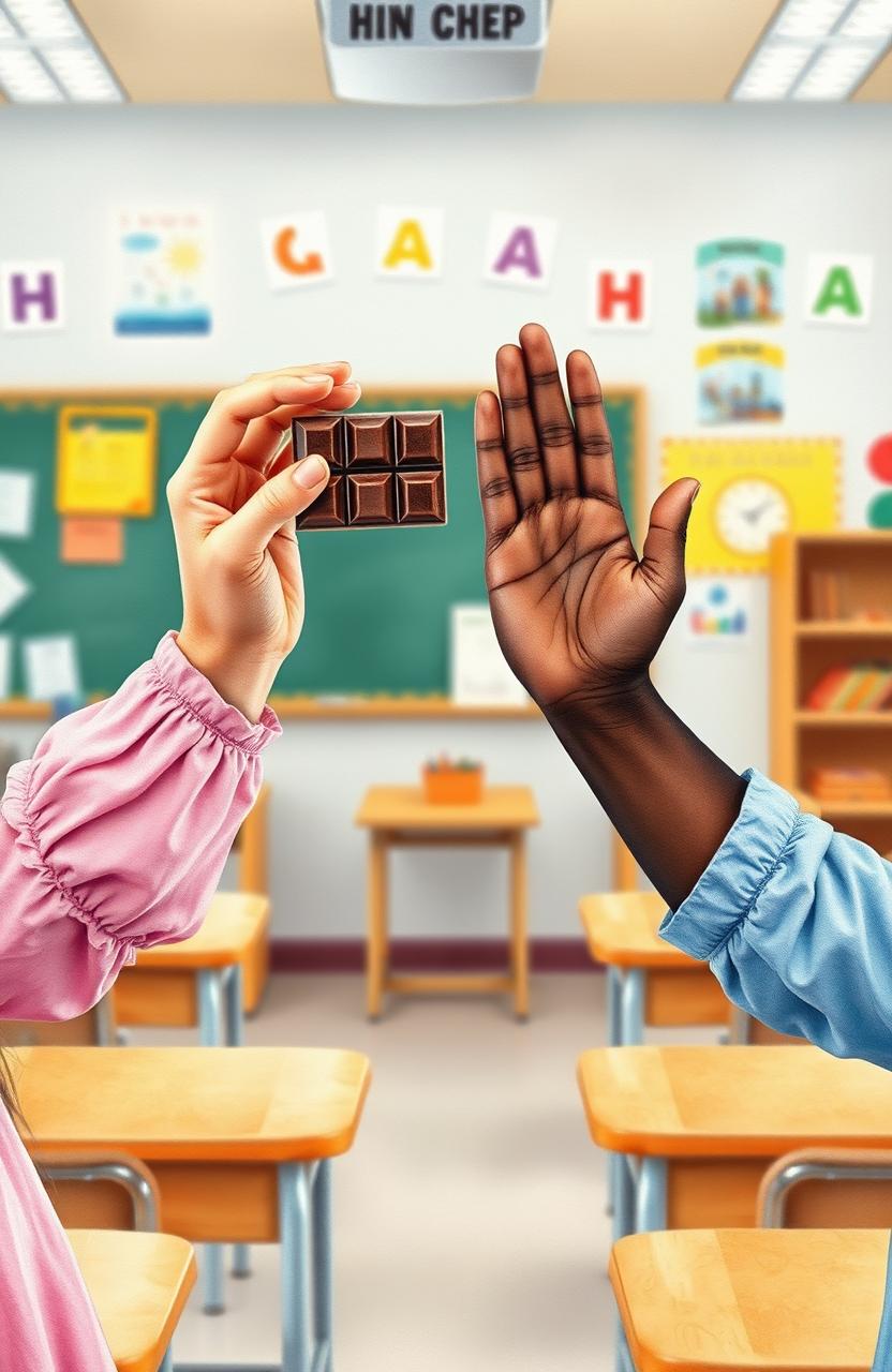 A watercolor scene depicting hands and arms of a young girl offering a chocolate bar, with another dark skin hand and arms of a young boy rejecting the chocolate