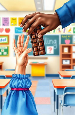 A watercolor scene depicting hands and arms of a young girl offering a chocolate bar, with another dark skin hand and arms of a young boy rejecting the chocolate