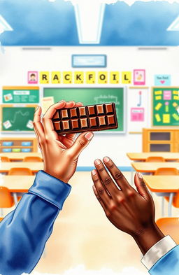 A watercolor scene depicting hands and arms of a young girl offering a chocolate bar, with another dark skin hand and arms of a young boy rejecting the chocolate