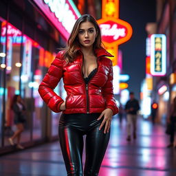 A hot slim girl with attractive curves and big breasts, dressed in a shiny red tight puffer jacket that hugs her figure perfectly, paired with sleek black latex leggings that emphasize her legs