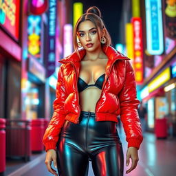 A hot slim girl with attractive curves and big breasts, dressed in a shiny red tight puffer jacket that hugs her figure perfectly, paired with sleek black latex leggings that emphasize her legs