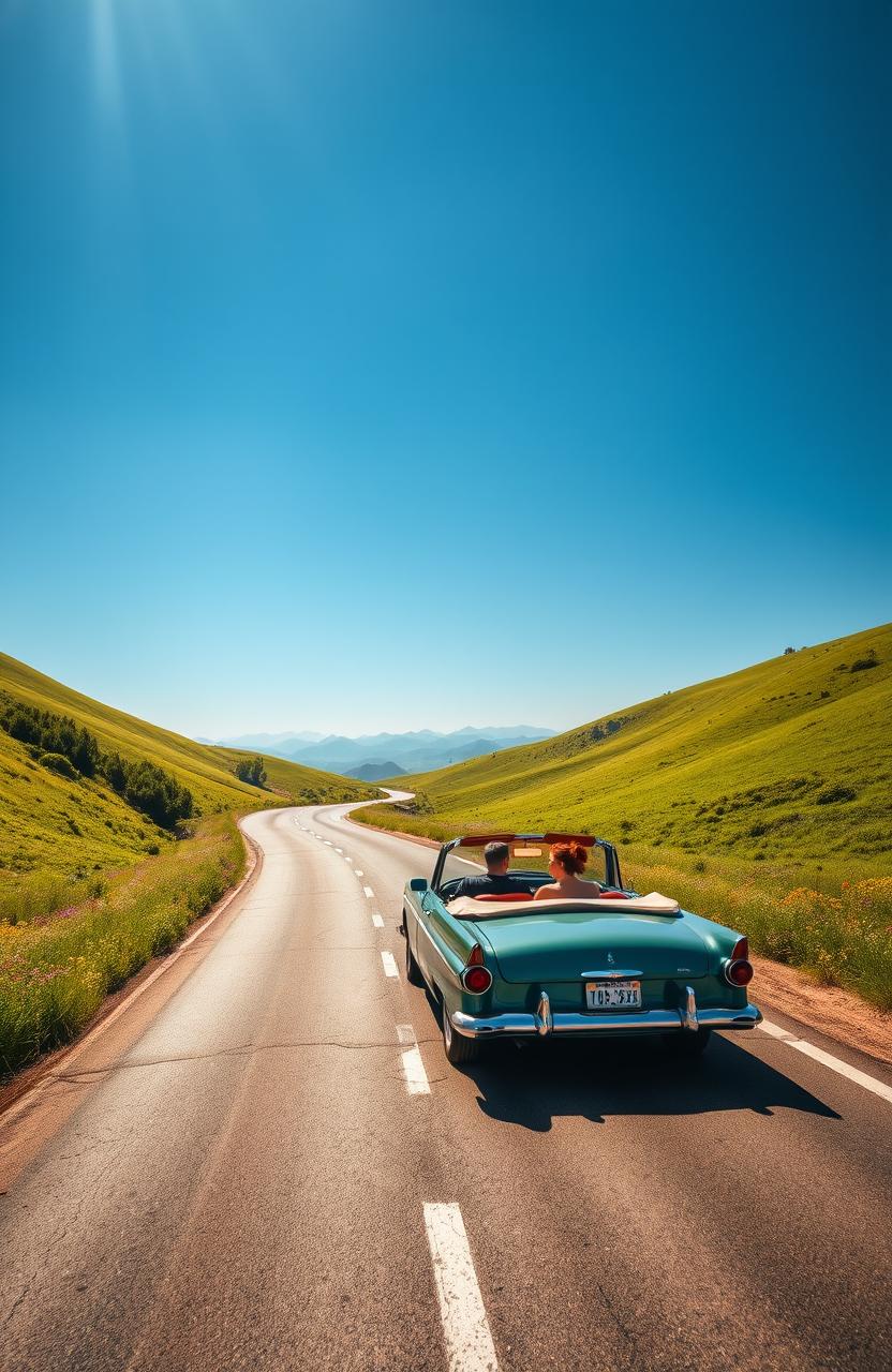 A vibrant scene of a long, winding road meandering through a picturesque landscape