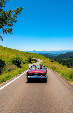 A vibrant scene of a long, winding road meandering through a picturesque landscape
