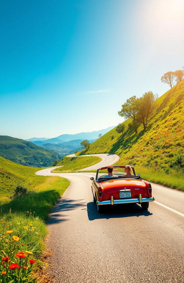 A vibrant scene of a long, winding road meandering through a picturesque landscape