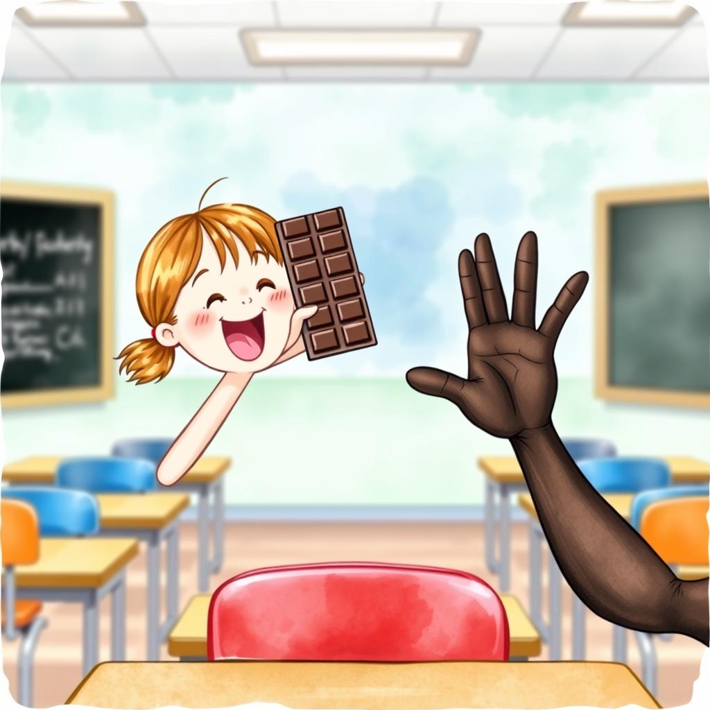 A playful watercolor cartoon illustration featuring hands and arms of a young girl cheerfully offering a chocolate bar, contrasted with the dark skin hand and arms of a young boy gently refusing the chocolate