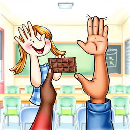 A playful watercolor cartoon illustration featuring hands and arms of a young girl cheerfully offering a chocolate bar, contrasted with the dark skin hand and arms of a young boy gently refusing the chocolate