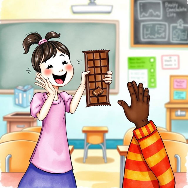 A playful watercolor cartoon illustration featuring hands and arms of a young girl cheerfully offering a chocolate bar, contrasted with the dark skin hand and arms of a young boy gently refusing the chocolate