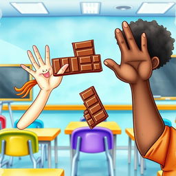A playful watercolor cartoon illustration featuring hands and arms of a young girl cheerfully offering a chocolate bar, contrasted with the dark skin hand and arms of a young boy gently refusing the chocolate