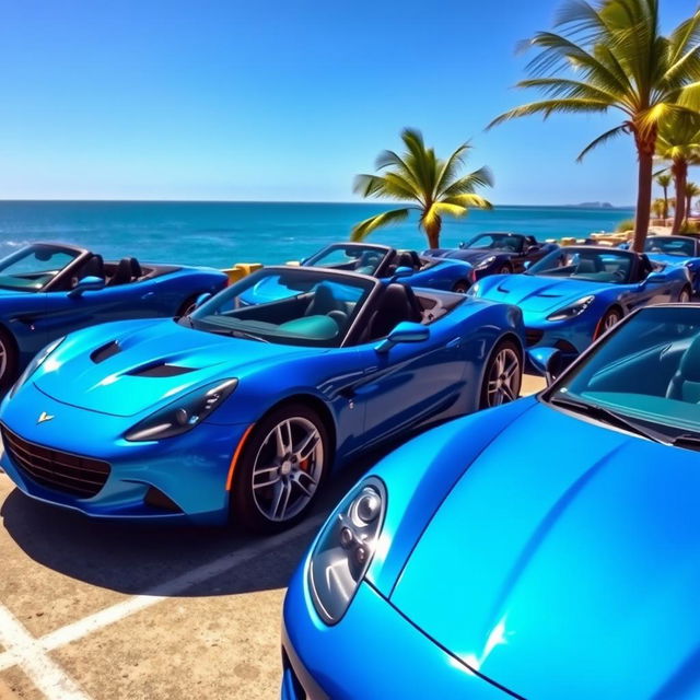 A collection of blue convertible sports cars parked in a sunny coastal scenery, showcasing their sleek designs and shiny paintwork