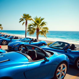 A collection of blue convertible sports cars parked in a sunny coastal scenery, showcasing their sleek designs and shiny paintwork