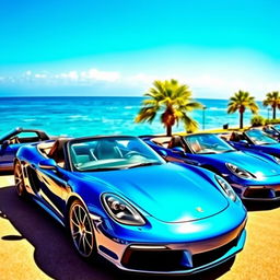 A collection of blue convertible sports cars parked in a sunny coastal scenery, showcasing their sleek designs and shiny paintwork