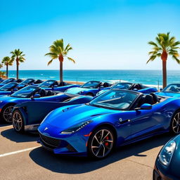 A collection of blue convertible sports cars parked in a sunny coastal scenery, showcasing their sleek designs and shiny paintwork