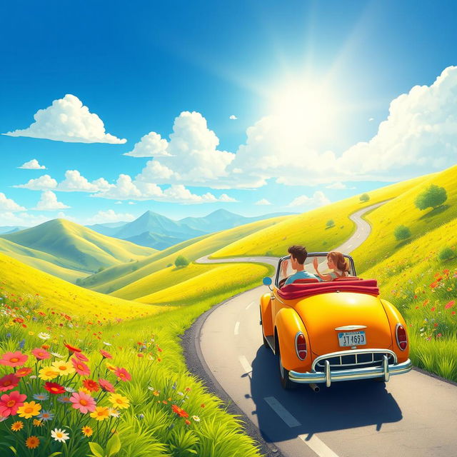 A vibrant animated scene depicting a long, winding road flowing through a whimsical landscape