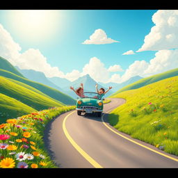 A vibrant animated scene depicting a long, winding road flowing through a whimsical landscape