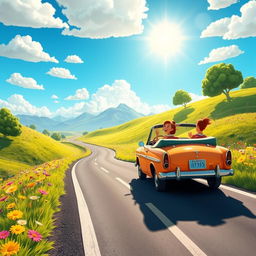 A vibrant animated scene depicting a long, winding road flowing through a whimsical landscape