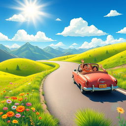A vibrant animated scene depicting a long, winding road flowing through a whimsical landscape