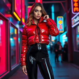 A hot slim girl with striking curves and big breasts, wearing a glossy red tight puffer jacket that hugs her figure, paired with eye-catching black latex leggings that enhance her silhouette