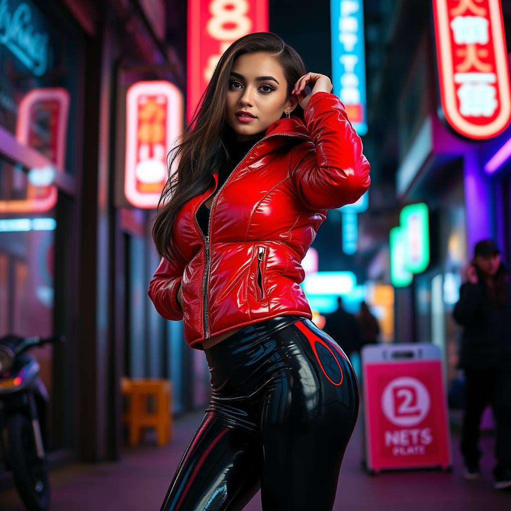 A hot slim girl with striking curves and big breasts, wearing a glossy red tight puffer jacket that hugs her figure, paired with eye-catching black latex leggings that enhance her silhouette