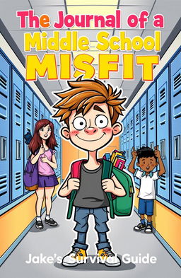 A colorful and whimsical cover design for a middle school survival guide titled 'The Journal Of A Middle School Misfit: Jake’s School Survival Guide'