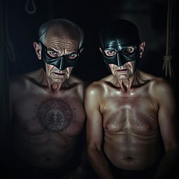 A chilling scene from a horror film featuring an old married couple wearing leather masks and nearly naked, lurking in a dark, eerie setting