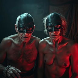 A chilling scene from a horror film featuring an old married couple wearing leather masks and nearly naked, lurking in a dark, eerie setting