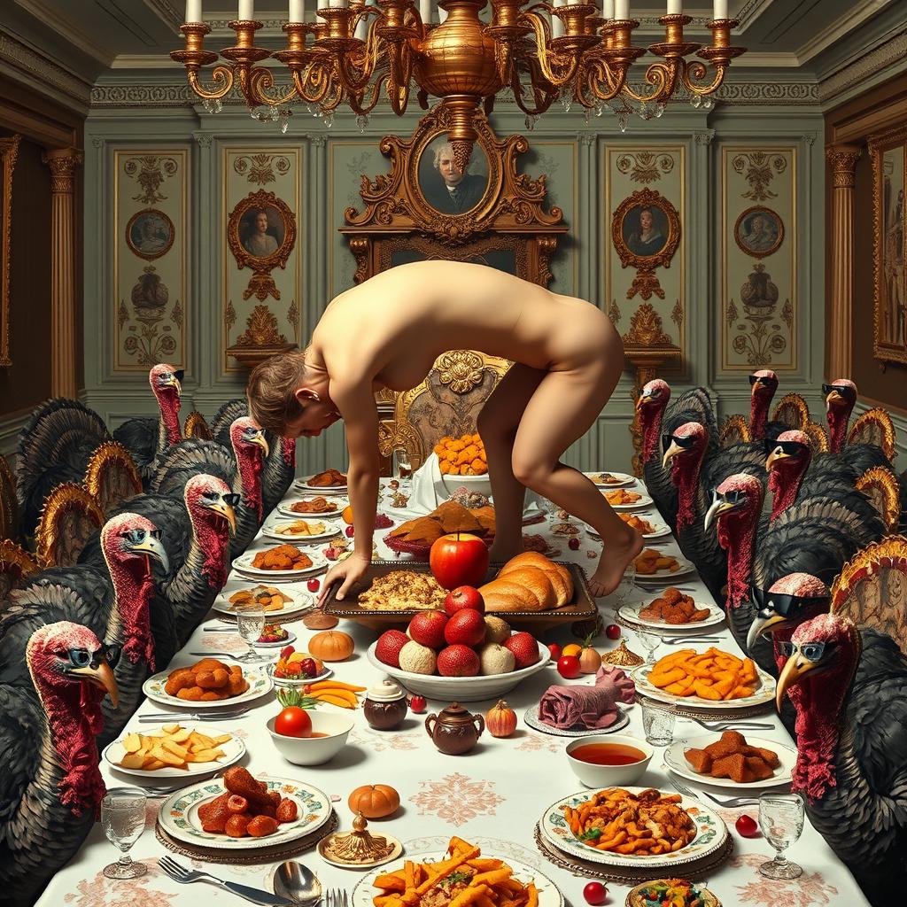 A whimsical and surreal scene featuring a nude person bent over on a tray, with an apple in their mouth