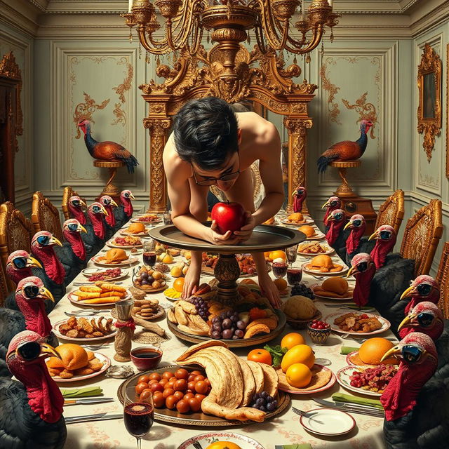 A whimsical and surreal scene featuring a nude person bent over on a tray, with an apple in their mouth