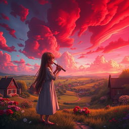 A picturesque village landscape under a stunning red sky filled with clouds, featuring a girl blowing into a flute