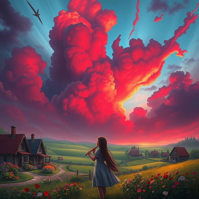 A picturesque village landscape under a stunning red sky filled with clouds, featuring a girl blowing into a flute