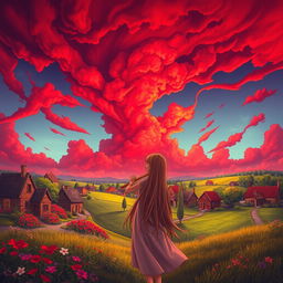 A picturesque village landscape under a stunning red sky filled with clouds, featuring a girl blowing into a flute