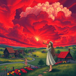 A picturesque village landscape under a stunning red sky filled with clouds, featuring a girl blowing into a flute