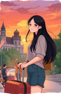 A heartfelt scene depicting a young woman named Keisa saying goodbye as she prepares to leave Medan, surrounded by the iconic architecture and lush greenery of the city