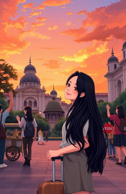 A heartfelt scene depicting a young woman named Keisa saying goodbye as she prepares to leave Medan, surrounded by the iconic architecture and lush greenery of the city