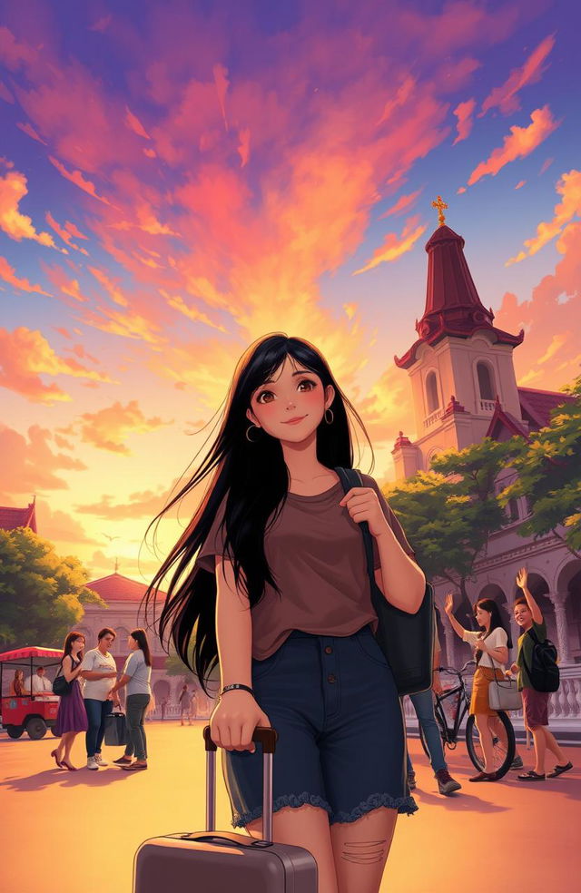 A heartfelt scene depicting a young woman named Keisa saying goodbye as she prepares to leave Medan, surrounded by the iconic architecture and lush greenery of the city