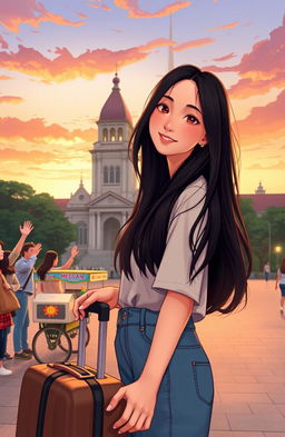 A heartfelt scene depicting a young woman named Keisa saying goodbye as she prepares to leave Medan, surrounded by the iconic architecture and lush greenery of the city
