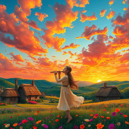A picturesque village scenery with a captivating red and orange sky filled with clouds, featuring a girl playing a flute