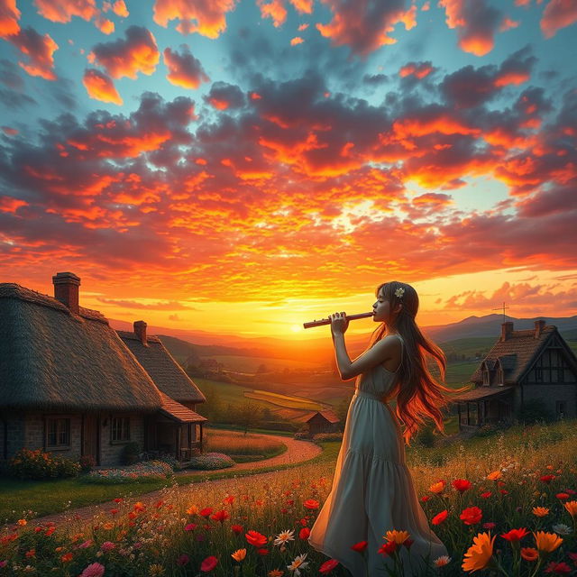 A picturesque village scenery with a captivating red and orange sky filled with clouds, featuring a girl playing a flute