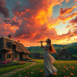A picturesque village scenery with a captivating red and orange sky filled with clouds, featuring a girl playing a flute