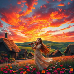 A picturesque village scenery with a captivating red and orange sky filled with clouds, featuring a girl playing a flute