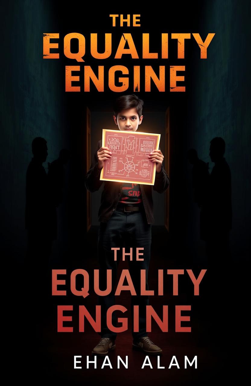A dramatic book cover for 'The Equality Engine', featuring Aarav, a young man in casual attire, standing in a dark, foreboding alley