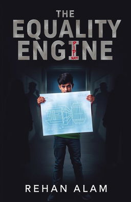 A dramatic book cover for 'The Equality Engine', featuring Aarav, a young man in casual attire, standing in a dark, foreboding alley
