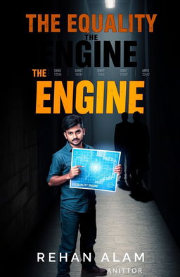 A dramatic book cover for 'The Equality Engine', featuring Aarav, a young man in casual attire, standing in a dark, foreboding alley