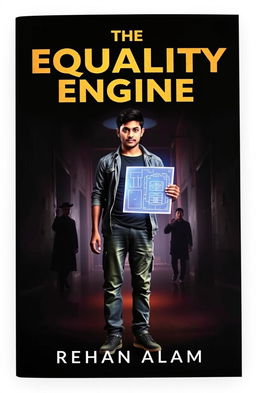 A dramatic book cover for 'The Equality Engine', featuring Aarav, a young man in casual attire, standing in a dark, foreboding alley