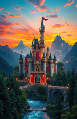 A stunning fantasy landscape featuring a majestic royal castle adorned with intricate red banners, surrounded by lush green forests under a vibrant sunset sky