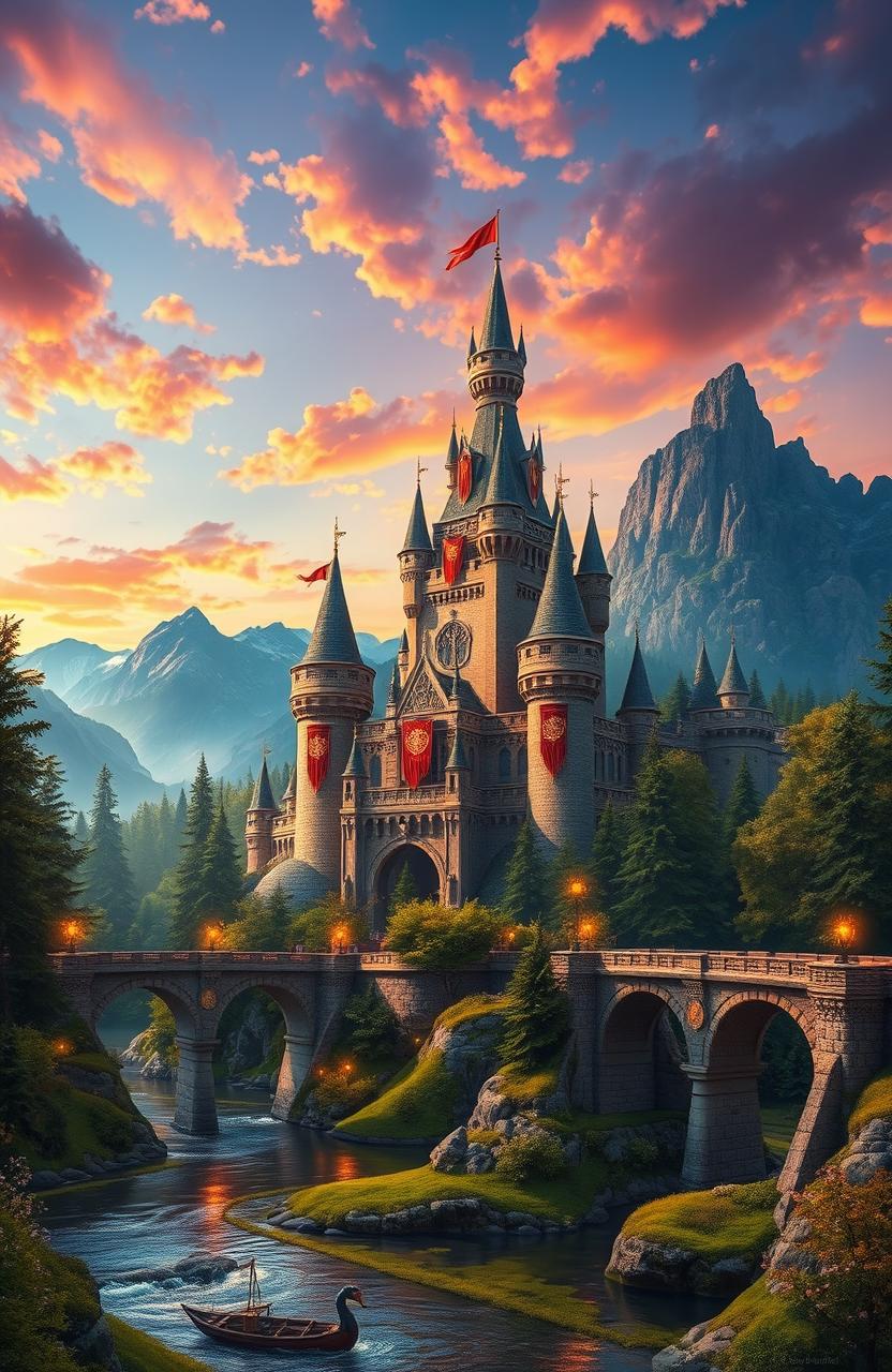 A stunning fantasy landscape featuring a majestic royal castle adorned with intricate red banners, surrounded by lush green forests under a vibrant sunset sky