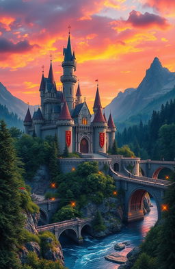 A stunning fantasy landscape featuring a majestic royal castle adorned with intricate red banners, surrounded by lush green forests under a vibrant sunset sky