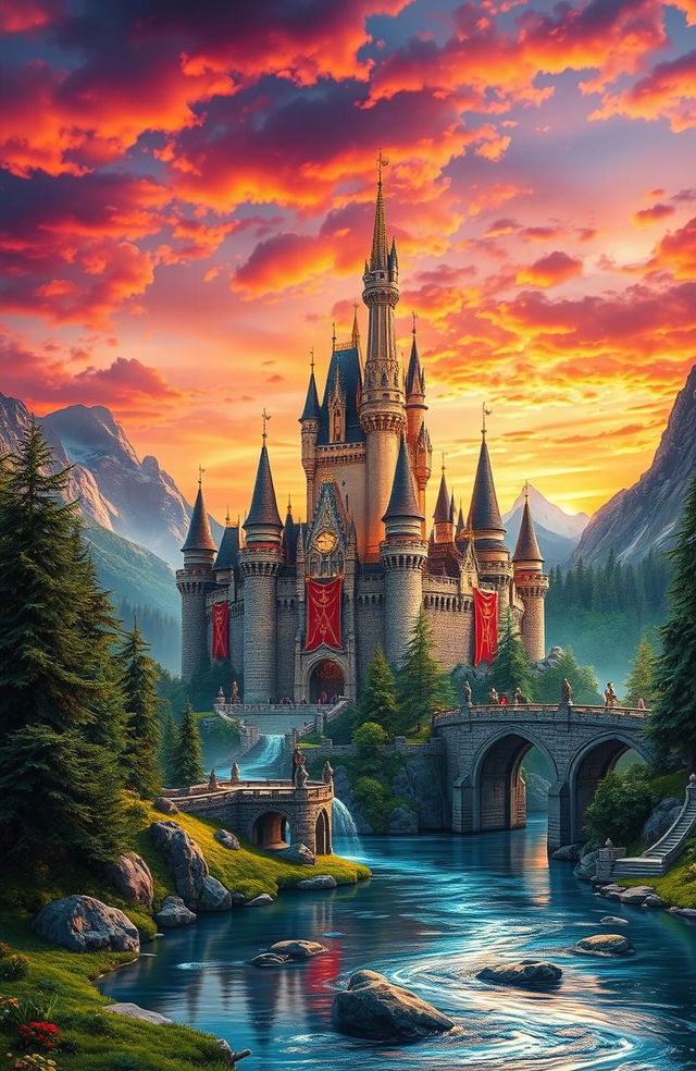 A stunning fantasy landscape featuring a majestic royal castle adorned with intricate red banners, surrounded by lush green forests under a vibrant sunset sky