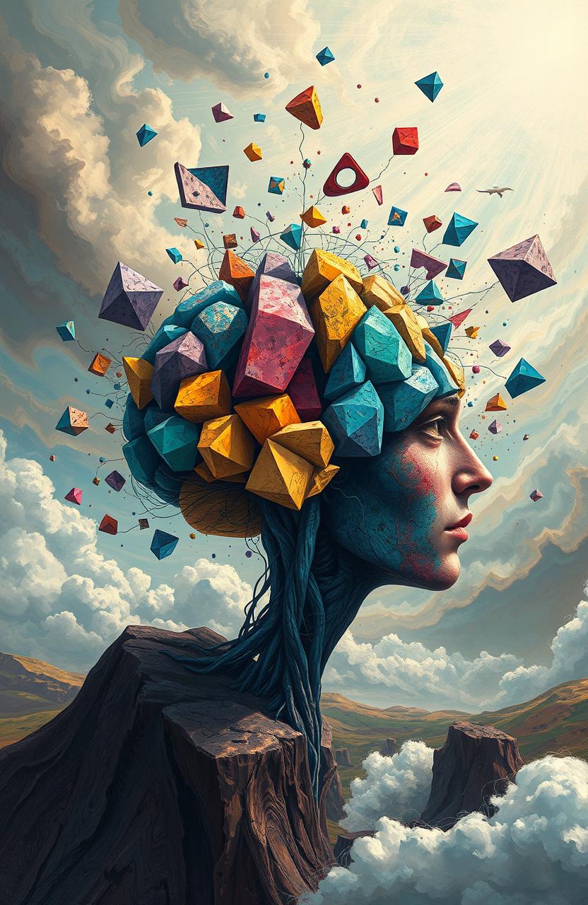 A surreal landscape depicting a fractured mind, featuring an abstract representation of a human brain split into various vibrant sections, each with unique colors and textures