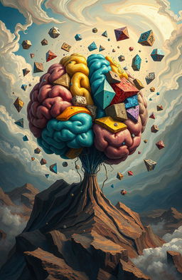 A surreal landscape depicting a fractured mind, featuring an abstract representation of a human brain split into various vibrant sections, each with unique colors and textures